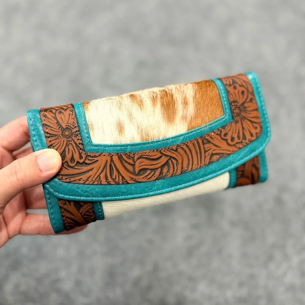 Montana West Hair-On Hide Tooled Wallet – Western Wristlet Brown-Turquoise